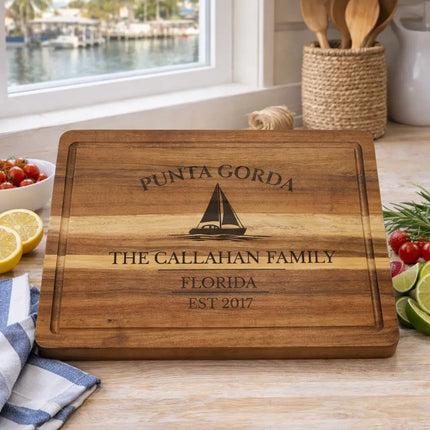 punta gorda florida sailboat cutting board displayed in coastal kitchen setting charlotte harbor lifestyle