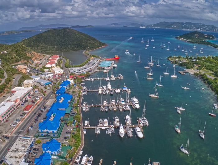 Aerial view of Red Hook Harbor, marinas, and surrounding waters on the east end of St. Thomas, US Virgin Islands.