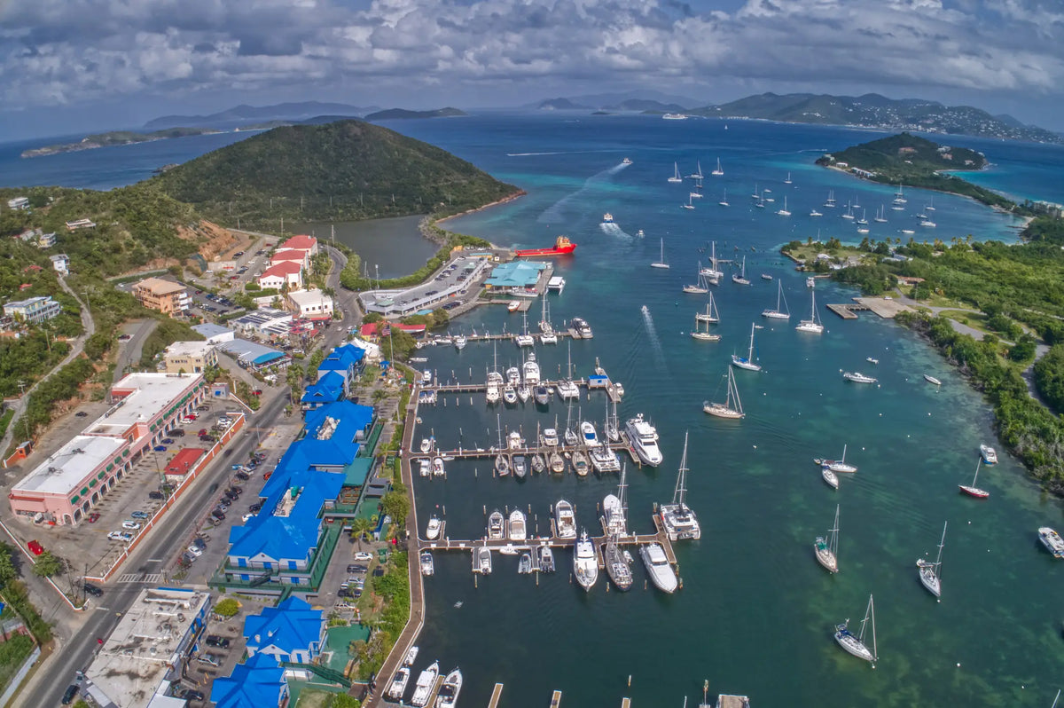 Aerial view of Red Hook Harbor, marinas, and surrounding waters on the east end of St. Thomas, US Virgin Islands.