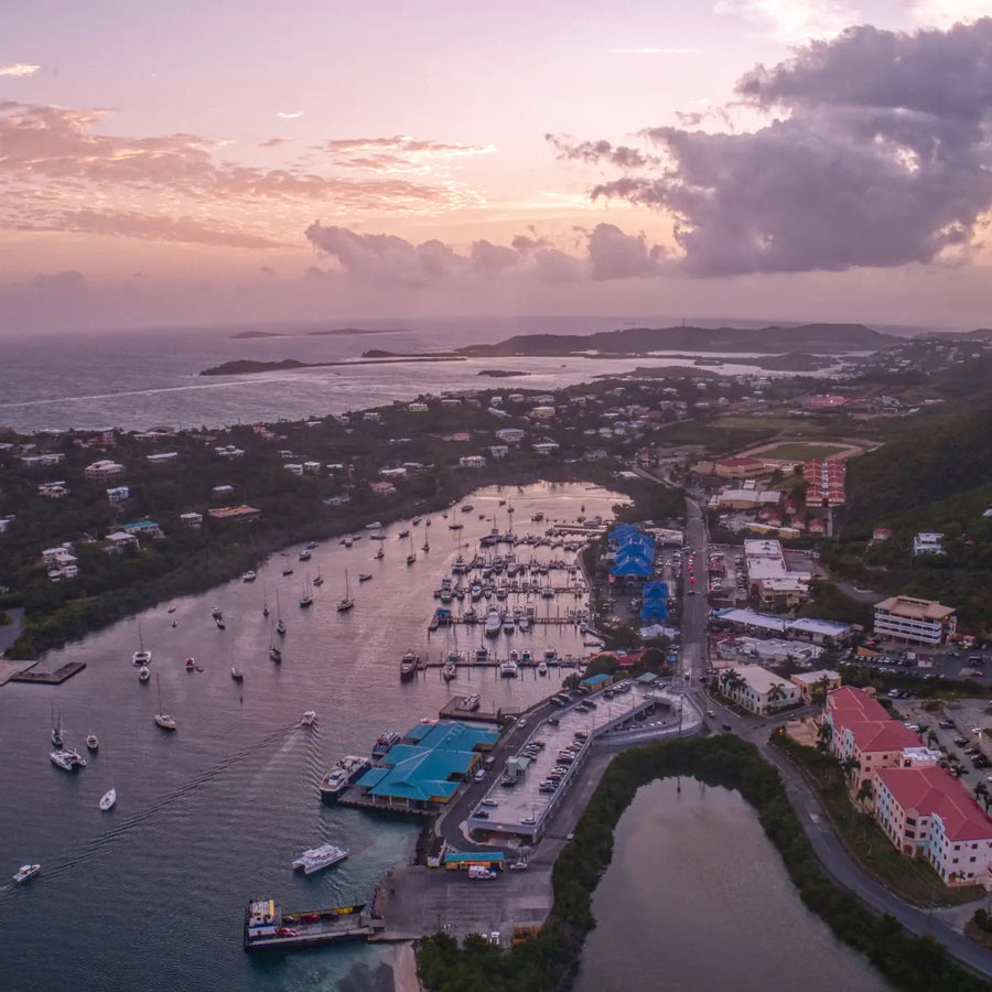 Aerial view of Red Hook Harbor, marinas, and surrounding waters on the east end of St. Thomas, US Virgin Islands.