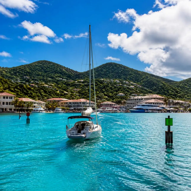 Sailboat approaching Red Hook Harbor through Pillsbury Sound on the east end of St. Thomas, US Virgin Islands
