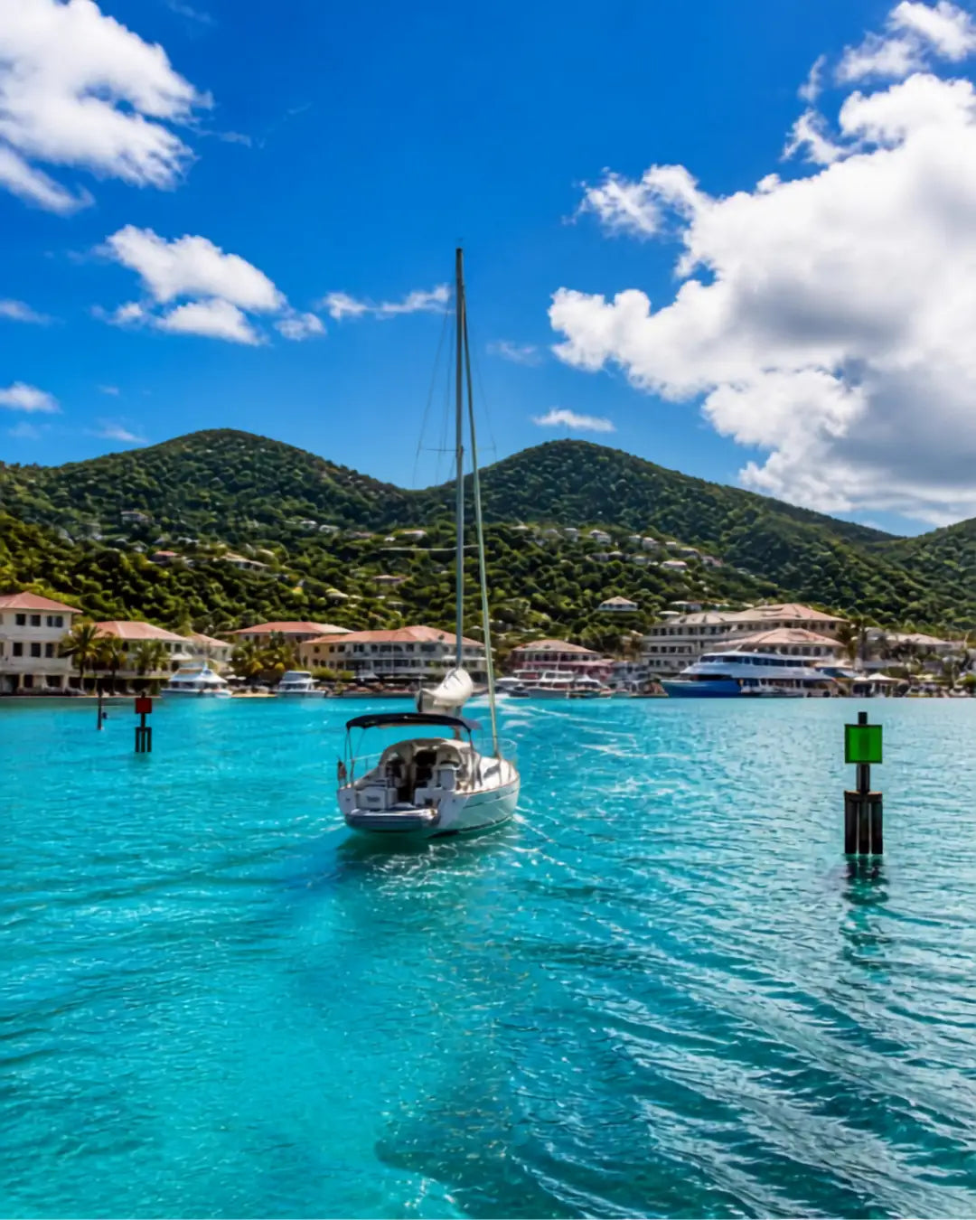 Sailboat approaching Red Hook Harbor through Pillsbury Sound on the east end of St. Thomas, US Virgin Islands