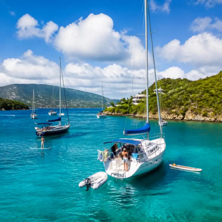 Cruising sailboats anchored in the protected waters near Red Hook Harbor, St. Thomas, US Virgin Islands