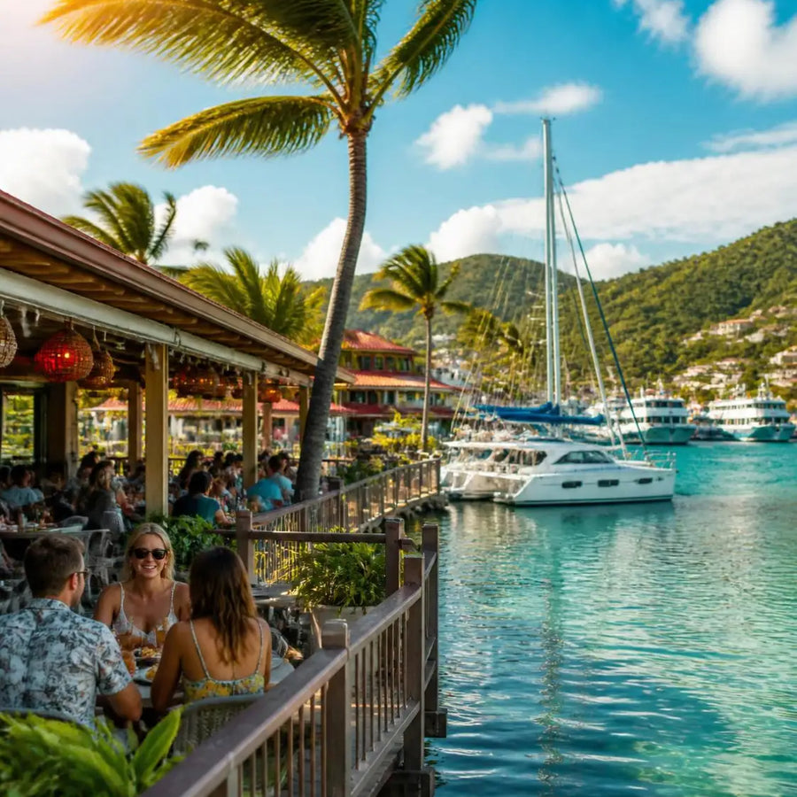 Waterfront restaurants, marina, and cruising atmosphere at Red Hook Harbor on the east end of St. Thomas, US Virgin Islands