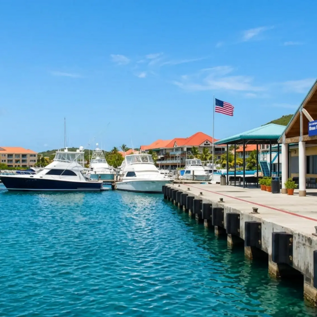 Waterfront marina and ferry terminal at Red Hook Harbor on St. Thomas in the US Virgin Islands.