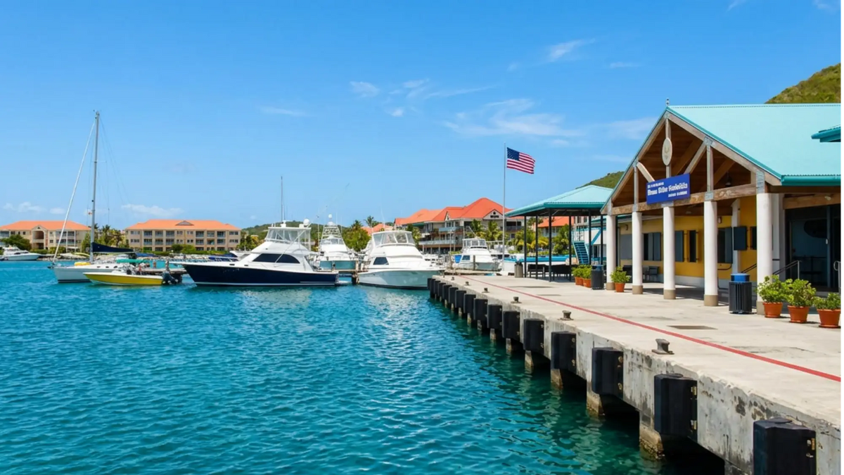 Waterfront marina and ferry terminal at Red Hook Harbor on St. Thomas in the US Virgin Islands.