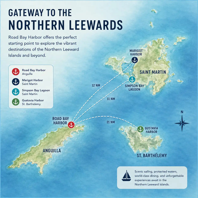 Cruising route map showing sailing connections between Road Bay Harbor, Saint Martin, Simpson Bay Lagoon, Marigot Harbor, and Gustavia Harbor in the Northern Leeward Islands.