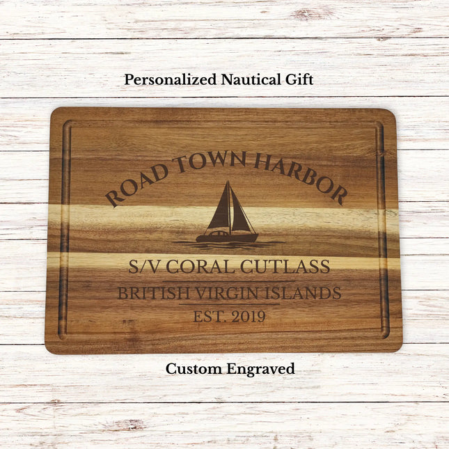 Road Town Harbor British Virgin Islands sailboat cutting board personalized with Trade Winds boat name nautical gift