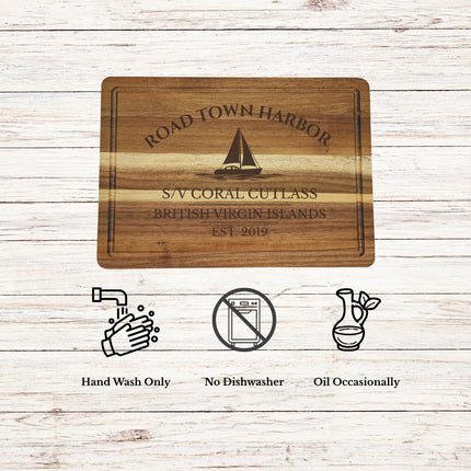 Road Town Harbor British Virgin Islands cutting board care instructions showing how to clean oil and maintain acacia wood for long lasting use