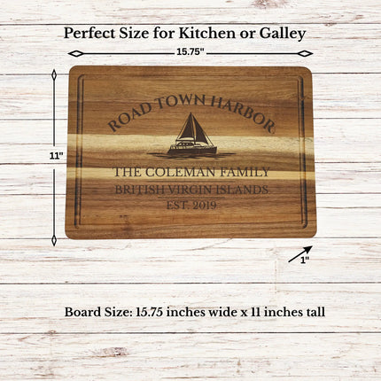 Road Town Harbor British Virgin Islands sailboat cutting board dimensions and features including size thickness juice groove and edge detail