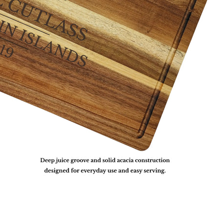 Road Town Harbor British Virgin Islands cutting board juice groove and craftsmanship showing solid acacia wood quality and durability