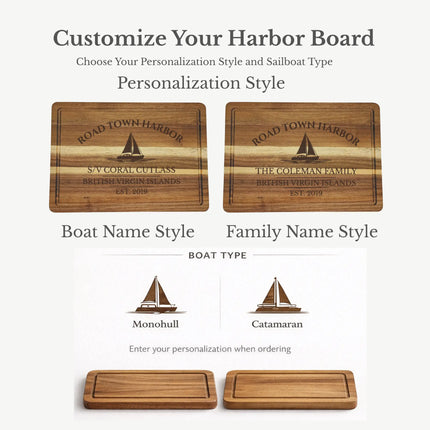 Road Town Harbor British Virgin Islands cutting board personalization options showing custom boat name family name established year and sailboat engraving styles