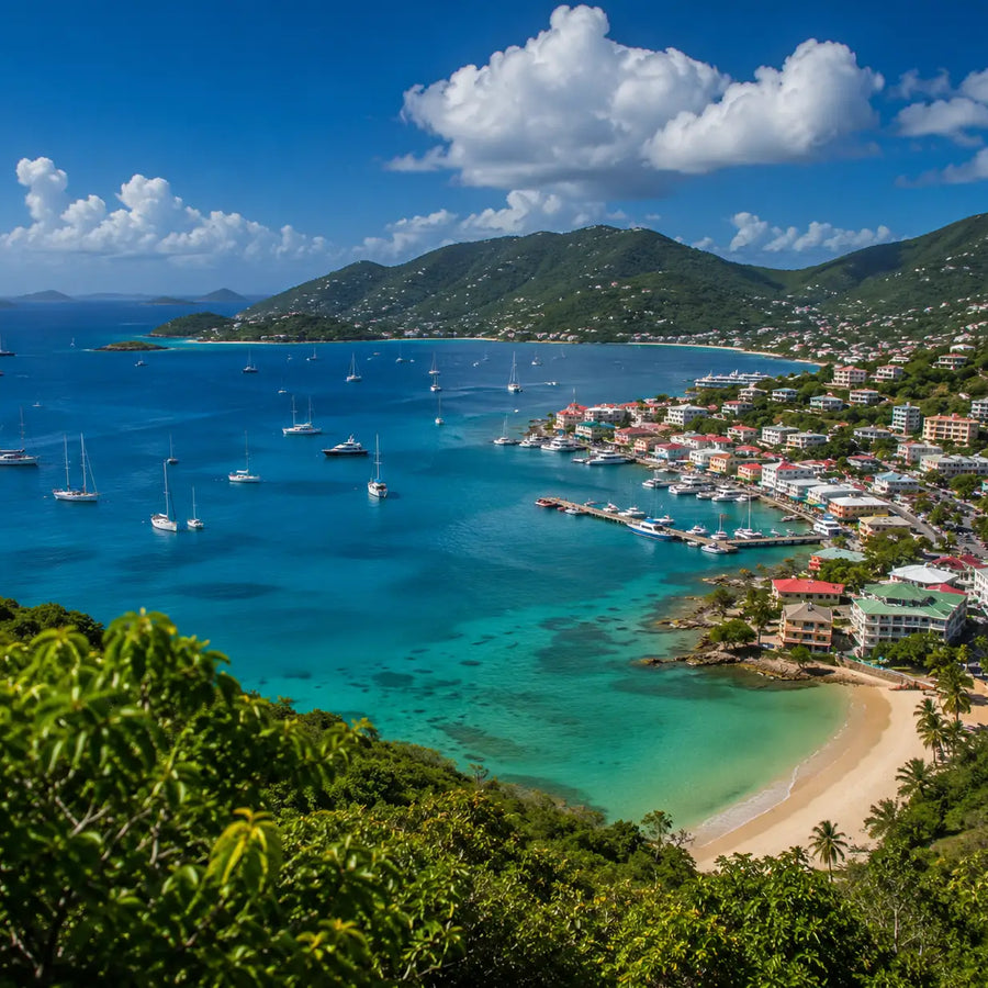 Scenic overlook of Road Harbour and Road Town, Tortola, British Virgin Islands, featuring turquoise Caribbean waters, anchored sailboats, sandy beaches, lush green hills, and the surrounding coastline.