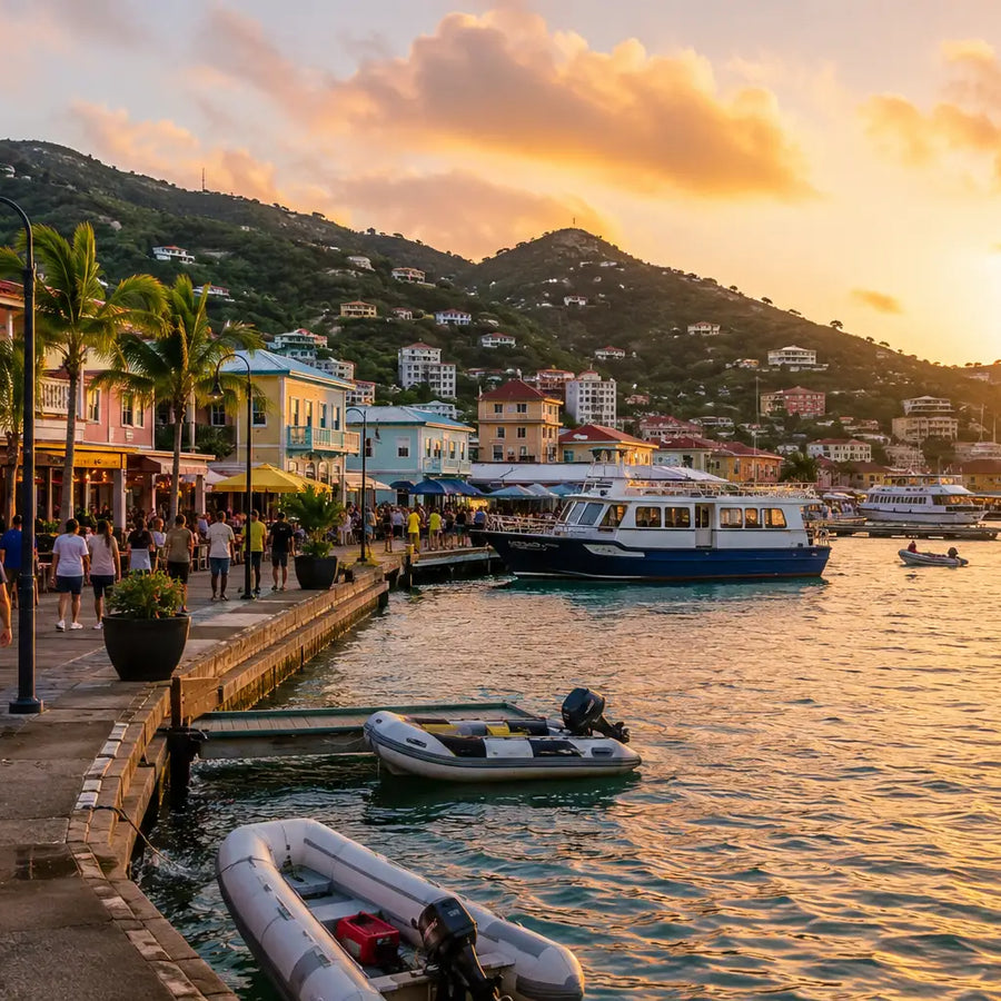 Golden sunset along the Road Town waterfront with restaurants, palm trees, dinghies, yachts, and the vibrant harbor reflecting the relaxed sailing lifestyle of Tortola, British Virgin Islands.