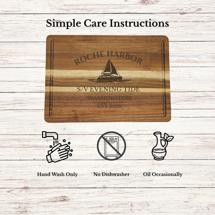 Roche Harbor Washington cutting board care instructions showing how to clean oil and maintain acacia wood