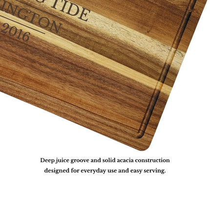 Roche Harbor Washington cutting board juice groove and edge detail showing solid acacia wood craftsmanship built for everyday use