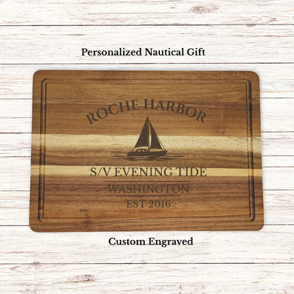 Roche Harbor Washington sailboat cutting board personalized with Evening Tide boat name nautical gift