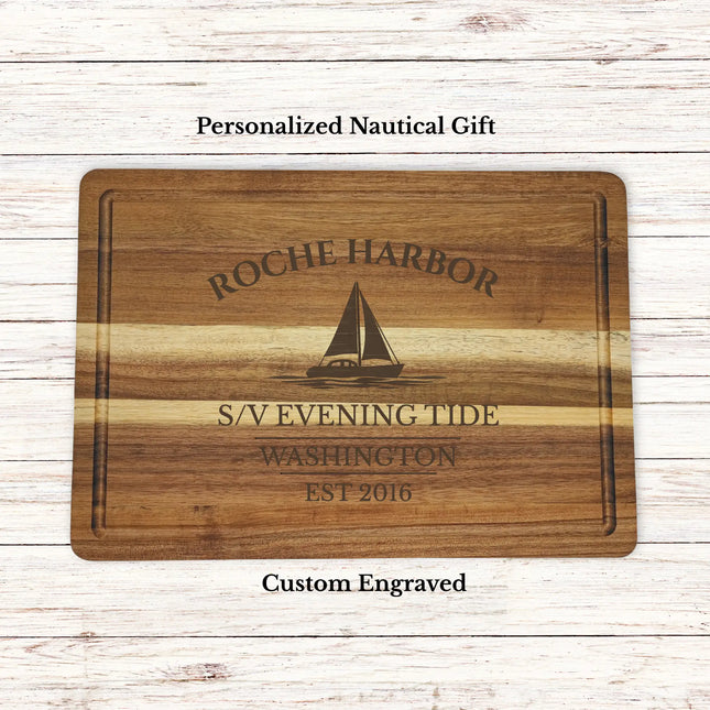 Roche Harbor Washington sailboat cutting board personalized with Evening Tide boat name nautical gift
