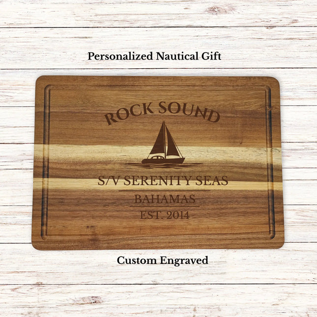 Rock Sound Bahamas sailboat cutting board personalized with Summer Wind boat name nautical gift