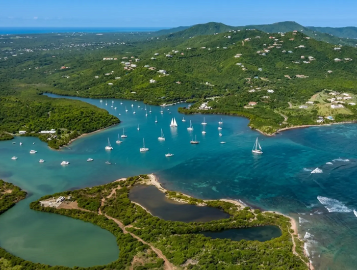 Aerial view of Salt River Bay on St. Croix, U.S. Virgin Islands, showing the protected natural harbor, mangrove shoreline, anchored sailboats, and Caribbean coastline.