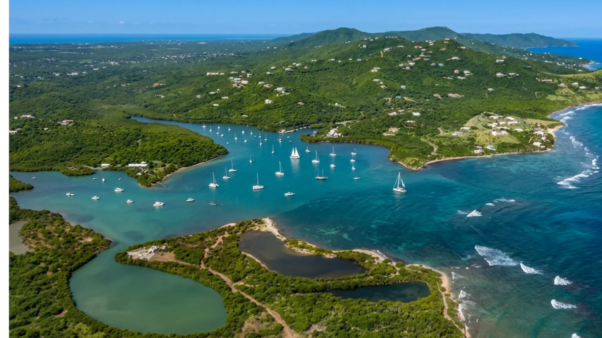 Aerial view of Salt River Bay on St. Croix, U.S. Virgin Islands, showing the protected natural harbor, mangrove shoreline, anchored sailboats, and Caribbean coastline.