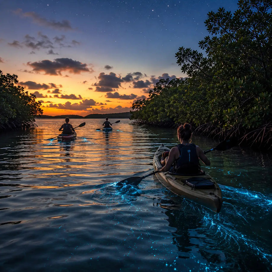 Guided evening kayak tour through Salt River Bay, St. Croix, where subtle bioluminescent waters illuminate beneath the paddles as sunset fades into a star-filled Caribbean sky.