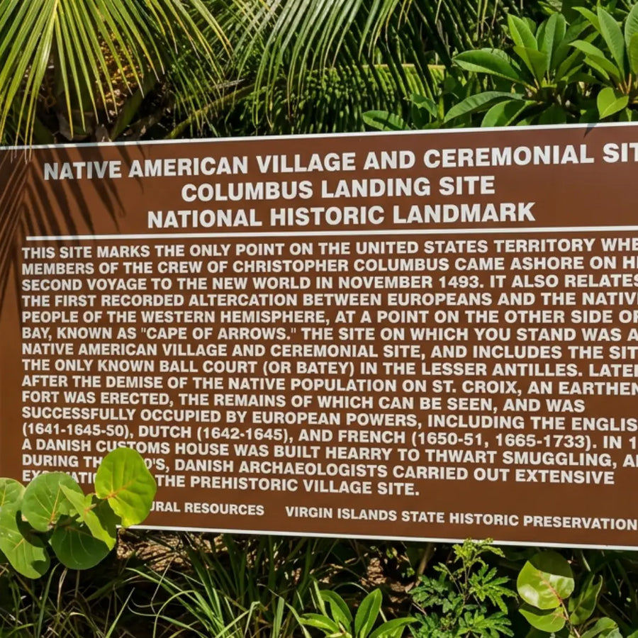 Historic Columbus Landing Site marker at Salt River Bay, St. Croix, U.S. Virgin Islands, commemorating Christopher Columbus's 1493 landing and the area's rich Native American and colonial history.