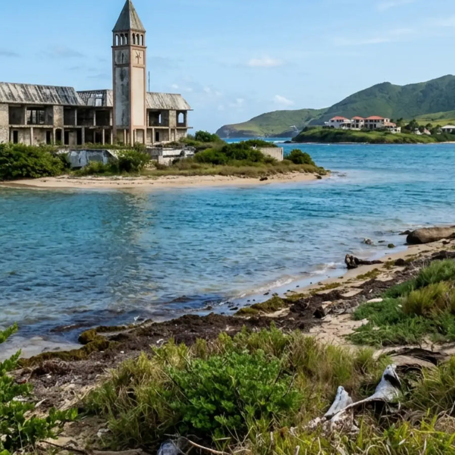 Historic shoreline at Salt River Bay, St. Croix, featuring the former marina building overlooking one of the Caribbean's most significant historic and natural harbors.