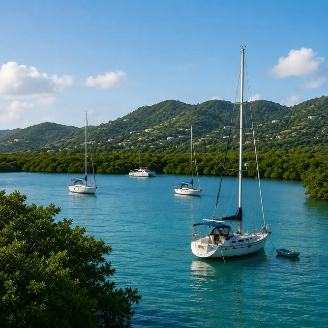 Cruising sailboats anchored in the calm waters of Salt River Bay, St. Croix, surrounded by protected mangroves and tranquil tropical scenery.