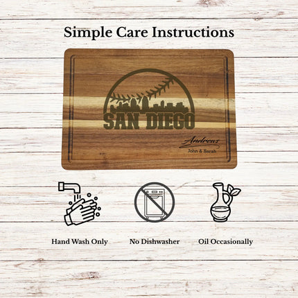 Care instructions for acacia wood cutting board showing cleaning oiling and maintenance for long lasting use