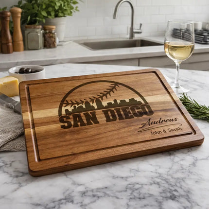 San Diego baseball cutting board displayed in bright coastal kitchen setting with food and drinks for entertaining