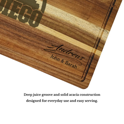 Acacia wood cutting board with deep juice groove and thick construction showing quality craftsmanship and durability