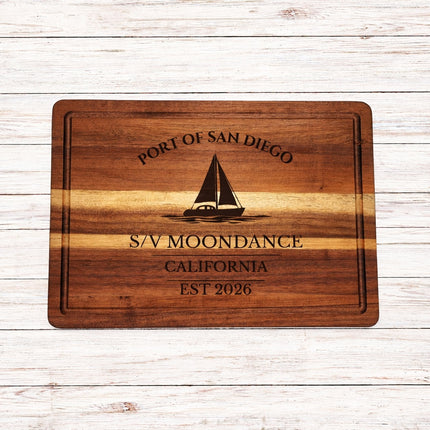 San Diego Sailboat Cutting Board – Personalized Nautical Kitchen Gift with Custom Boat Name