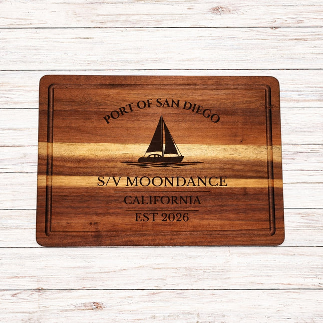 San Diego Sailboat Cutting Board – Personalized Nautical Kitchen Gift with Custom Boat Name