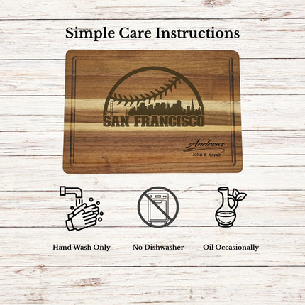 Care instructions for acacia wood cutting board showing cleaning oiling and maintenance for long lasting use