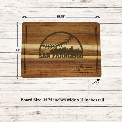 San Francisco baseball cutting board dimensions showing size thickness and juice groove details on acacia wood board
