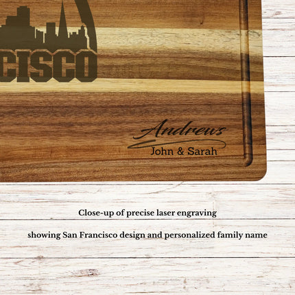 Close up of laser engraved San Francisco skyline baseball design on personalized acacia wood cutting board