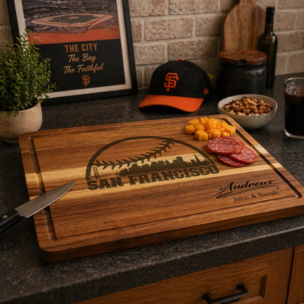 San Francisco baseball cutting board displayed in kitchen or sports themed space with food and game day setup