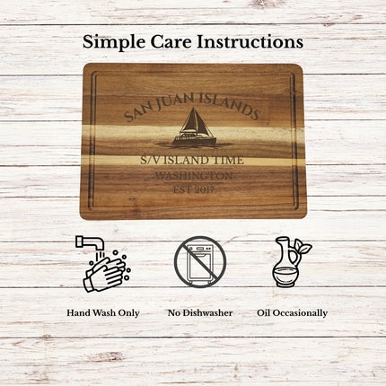 San Juan Islands Washington cutting board care instructions showing how to clean oil and maintain acacia wood