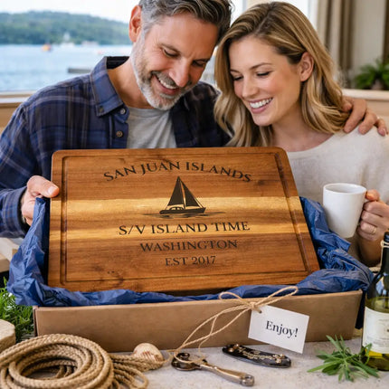 San Juan Islands Washington personalized cutting board being opened as a nautical gift with coastal themed presentation