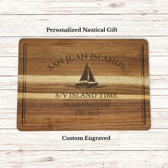 San Juan Islands Washington sailboat cutting board personalized with Island Time boat name nautical gift