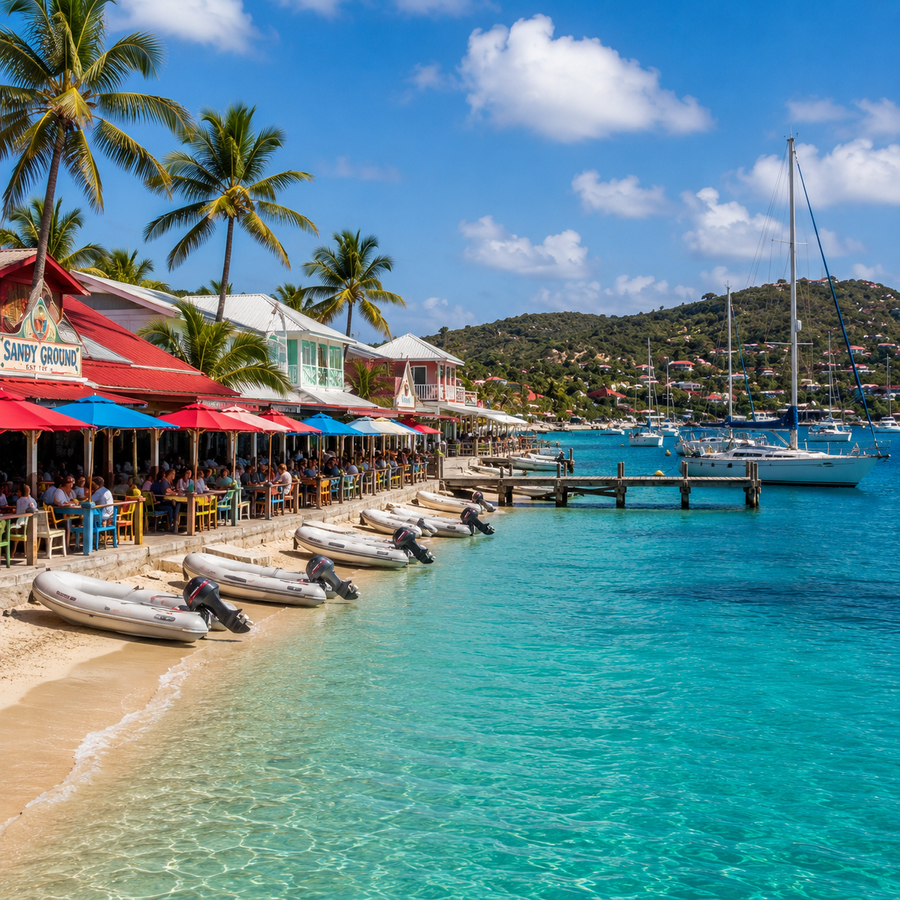 Beachfront restaurants, dinghies, anchored sailboats, and turquoise waters along Sandy Ground Beach in Road Bay Harbor, Anguilla.