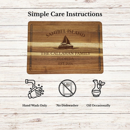 Sanibel Island Florida cutting board care instructions showing how to clean oil and maintain acacia wood for long lasting use