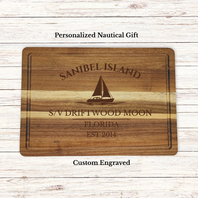 Sanibel Island Florida sailboat cutting board personalized with Driftwood Moon boat name nautical gift