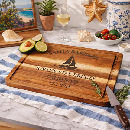 Premium acacia wood Santa Barbara California cutting board with rich wood grain durable construction and deep laser engraving