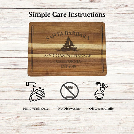 Santa Barbara California cutting board care instructions showing how to clean oil and maintain acacia wood