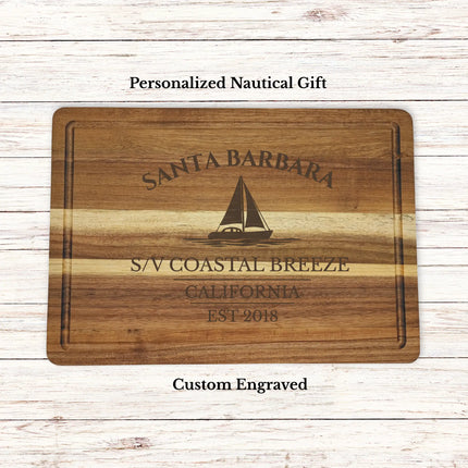 Personalized Santa Barbara California sailboat cutting board engraved with boat name Coastal Breeze nautical gift