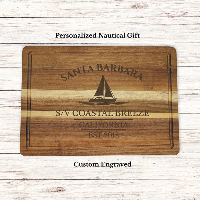 Personalized Santa Barbara California sailboat cutting board engraved with boat name Coastal Breeze nautical gift