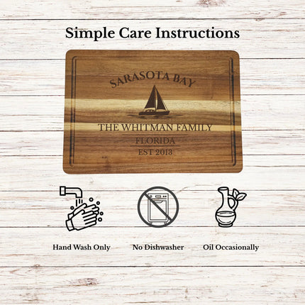 Sarasota Bay Florida cutting board care instructions showing how to clean oil and maintain acacia wood for long lasting use