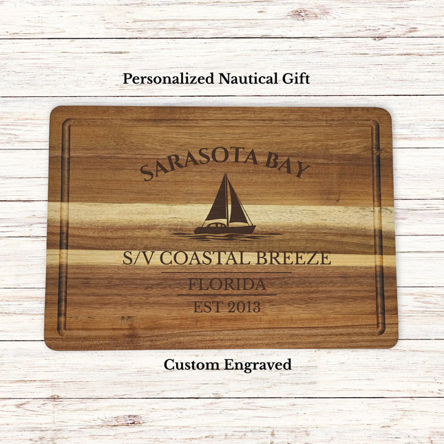 Sarasota Bay Florida sailboat cutting board personalized with Coastal Breeze boat name nautical gift